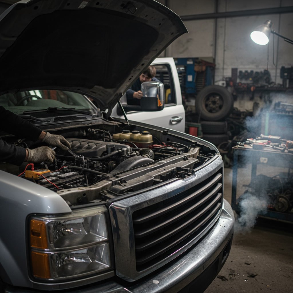 Diesel truck engine compartment showing fuel system components and warning signs