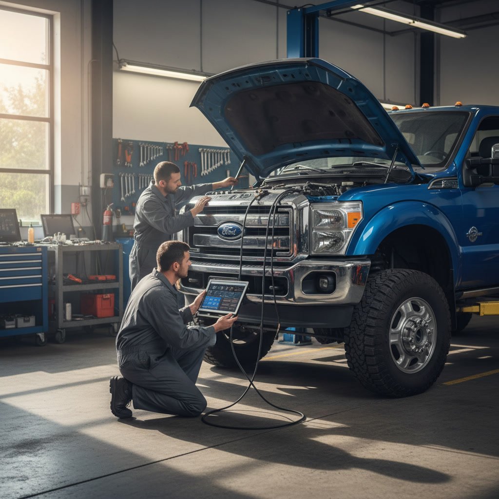 Diesel mechanic performing diagnostic testing on truck engine