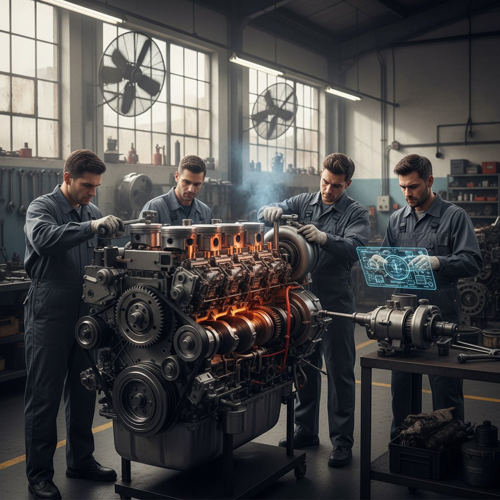 diesel engine with exposed components showing internal mechanical structure