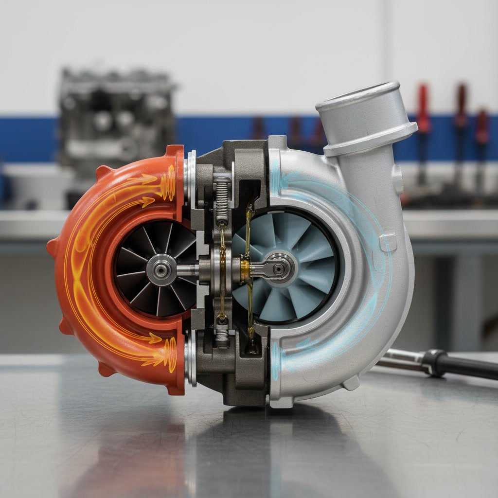 cutaway diagram of diesel turbocharger showing turbine and compressor wheels