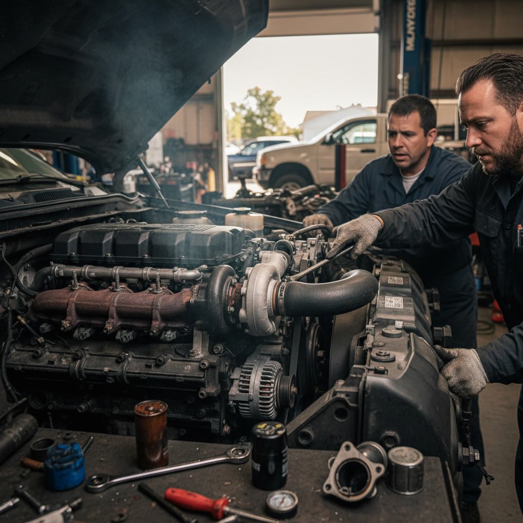 mechanic inspecting turbocharger on diesel engine during diagnostic check