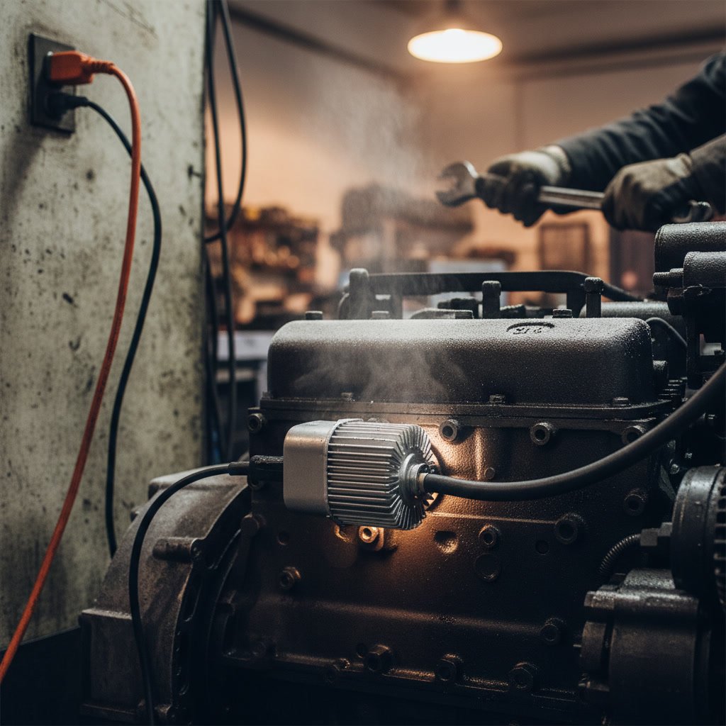 Diesel truck engine pre-warmed with block heater in cold weather