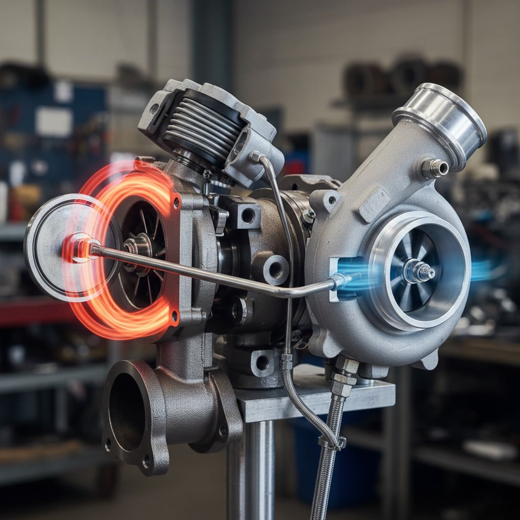 close-up of diesel turbocharger wastegate actuator and control arm