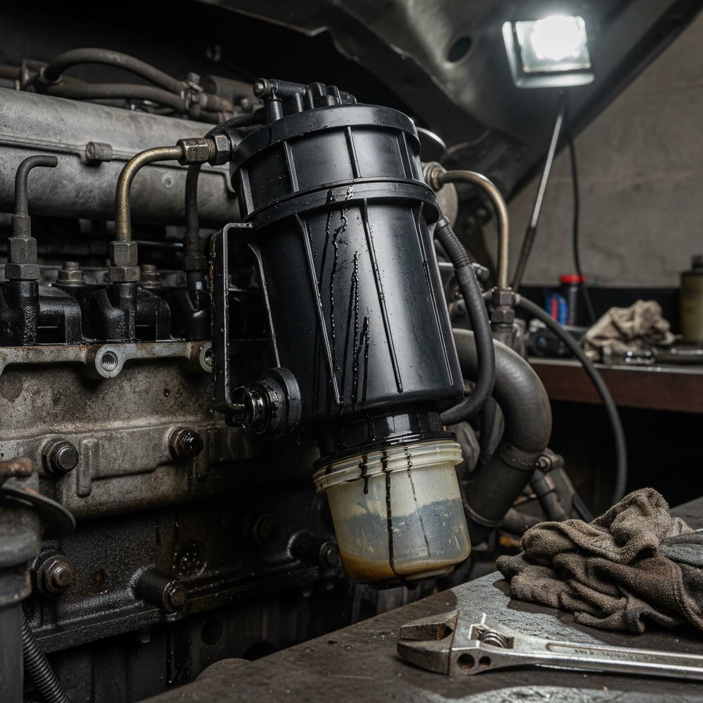 Diesel mechanic inspecting fuel system for air leaks and pressure testing
