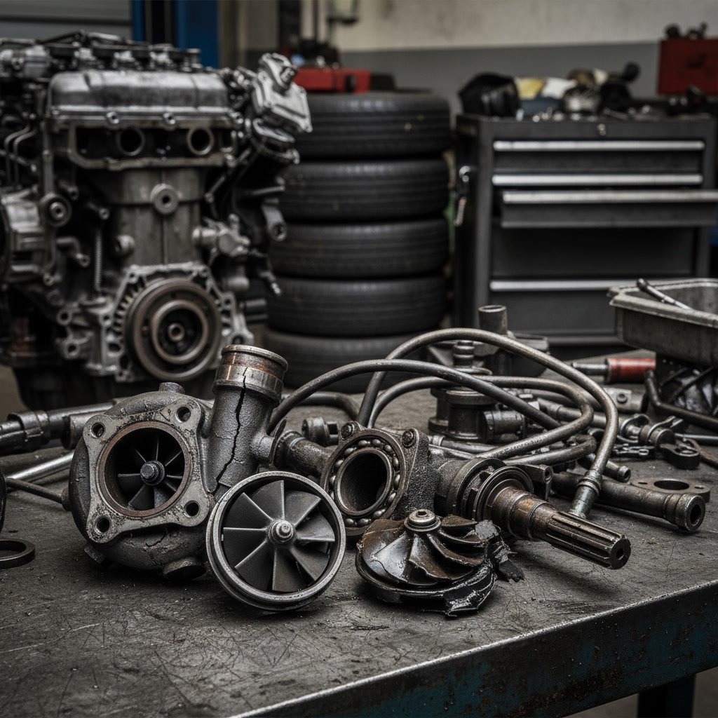 diesel turbocharger mounted on engine block in automotive repair shop