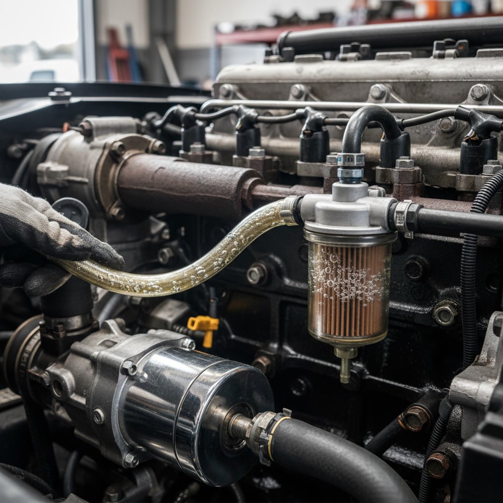 Diesel truck engine bay showing fuel system components and fuel lines