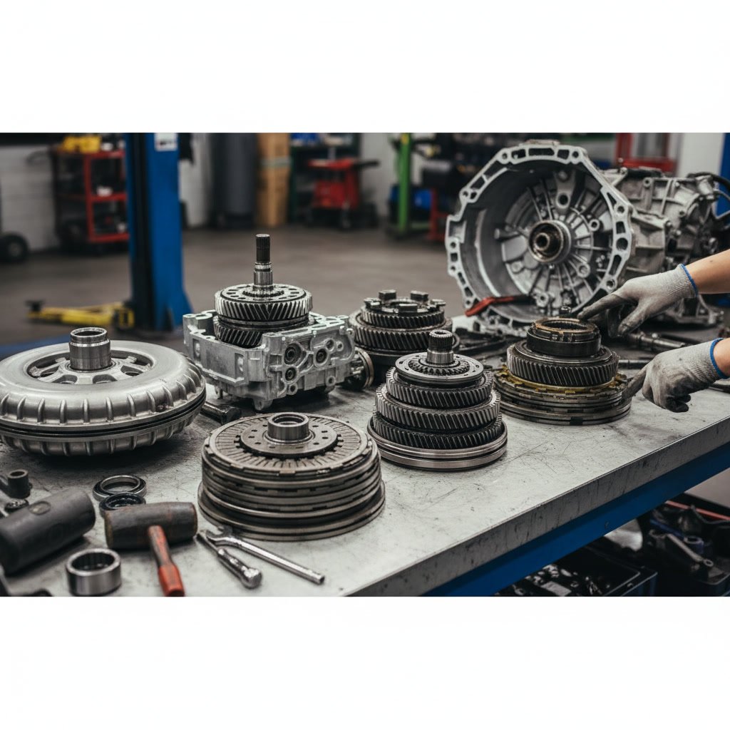 Automatic transmission disassembled showing internal clutch packs and planetary gears during rebuild process