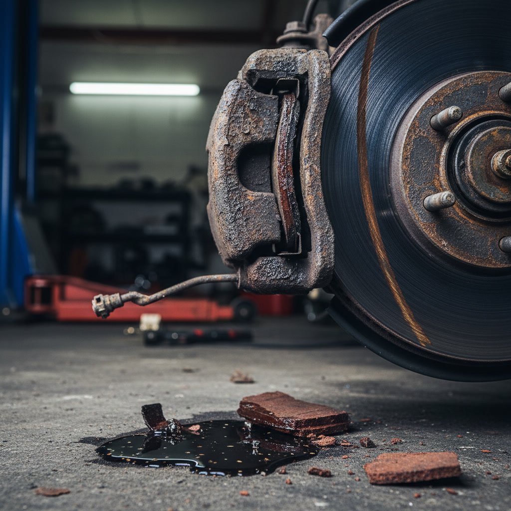 Mechanic inspecting a sticking brake caliper with visible heat discoloration on the rotor
