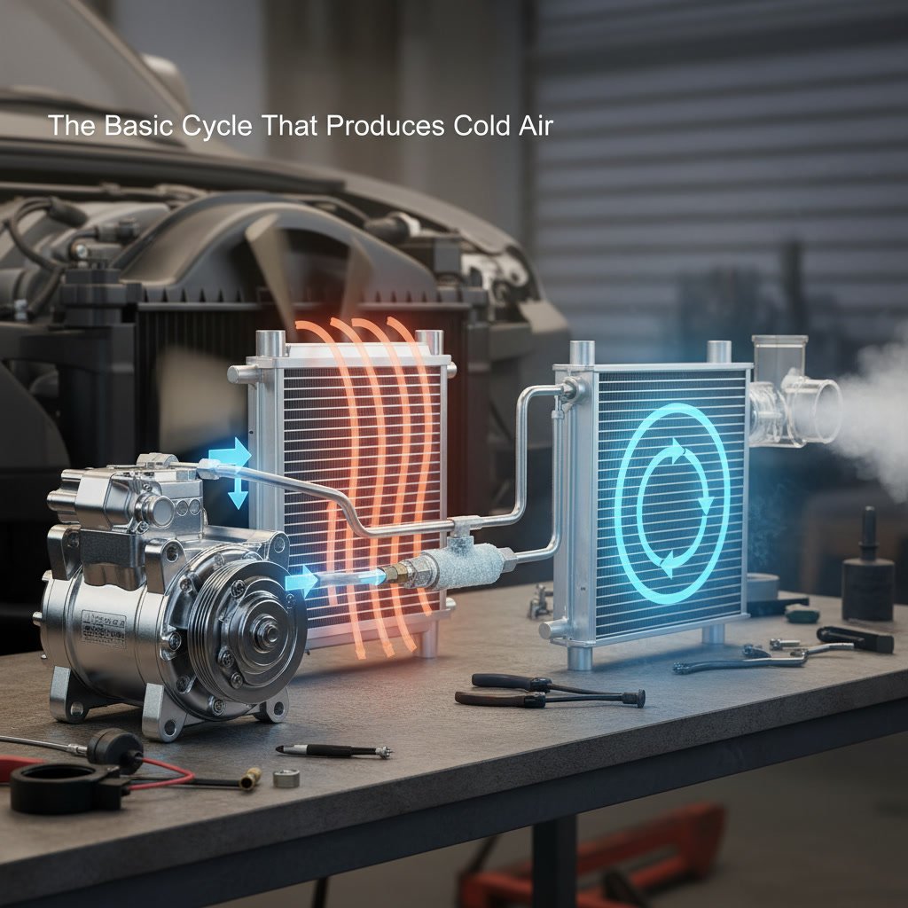 car AC compressor under the hood with belt and pulley visible
