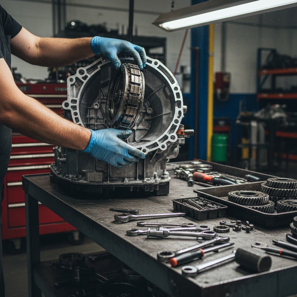 Technician measuring clutch pack clearances during professional transmission rebuild in San Marcos