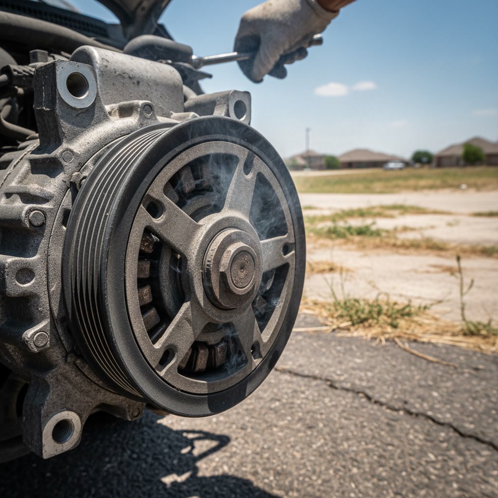 close up of AC compressor clutch assembly and pulley mechanism