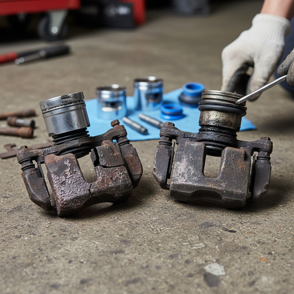 Technician comparing worn brake pads showing uneven wear from caliper sticking