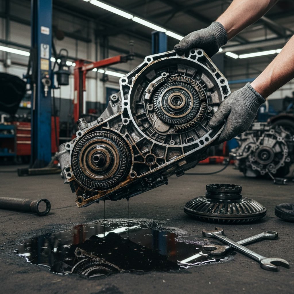 Mechanic inspecting automatic transmission for slipping issues at auto repair shop