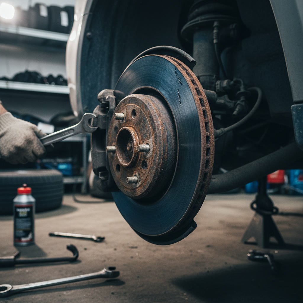 Mechanic examining a brake caliper on a lifted vehicle in an automotive repair shop