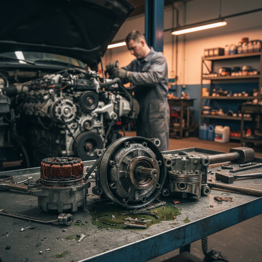 automotive technician working on car AC compressor repair in shop bay